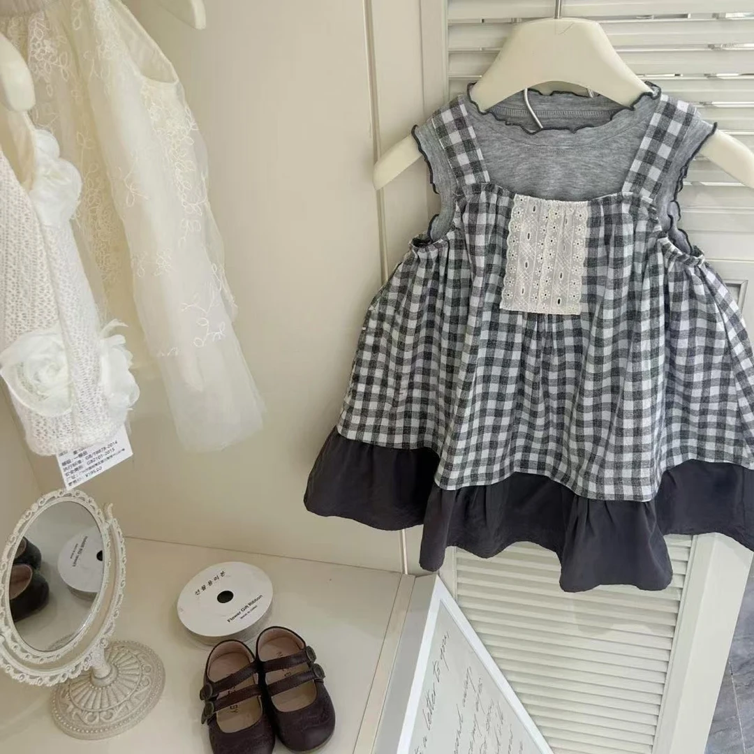 女童韩版背带裙无袖套装2025新款洋气夏儿童宝宝格子吊带裙两件套