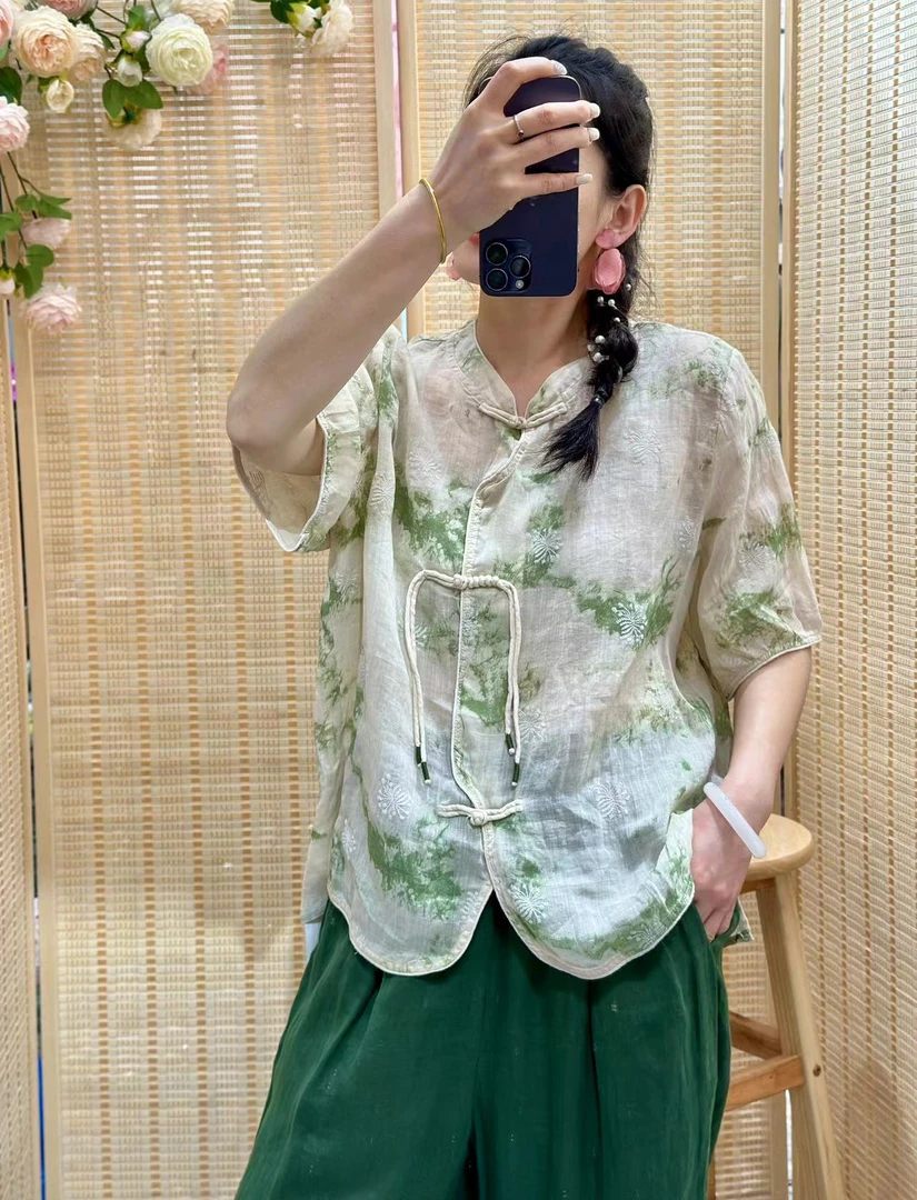 新中式宽松苎麻小衫刺绣圆领碎花短袖上衣2066-1肩40胸116长60