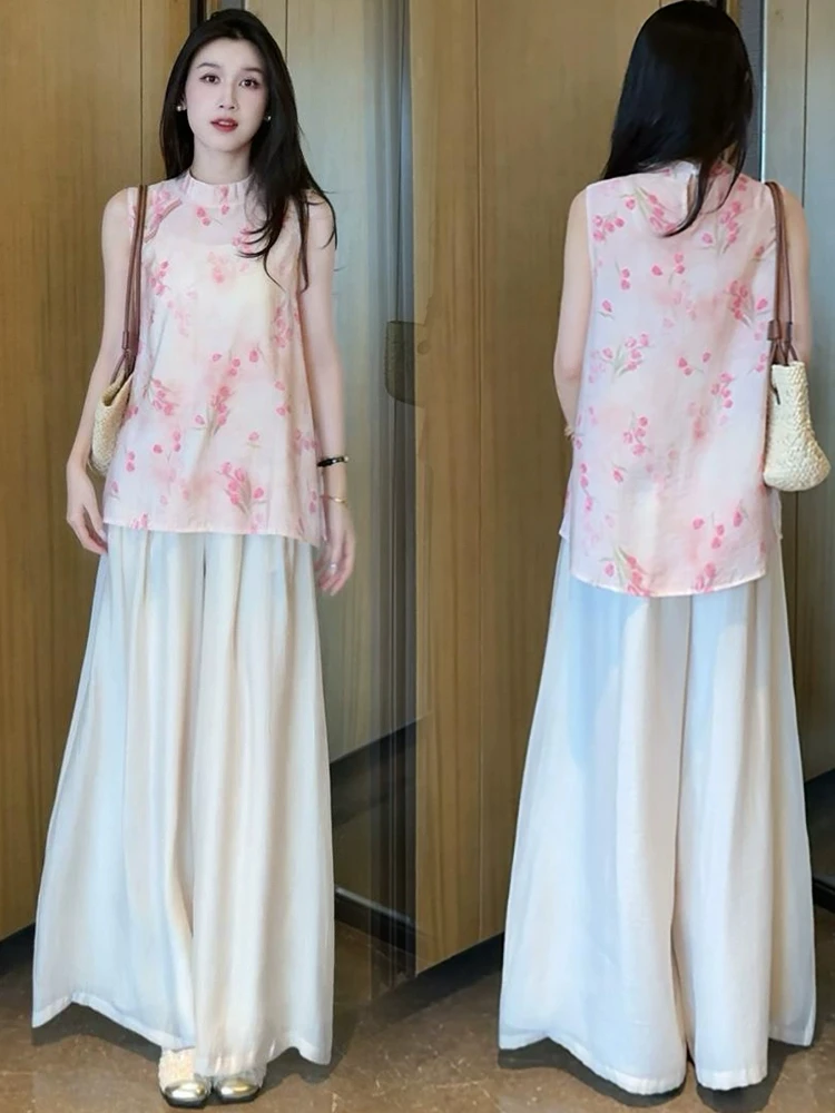 新中式时尚套装女夏季新款洋气显瘦国风宽松上衣阔腿裤女款两件套