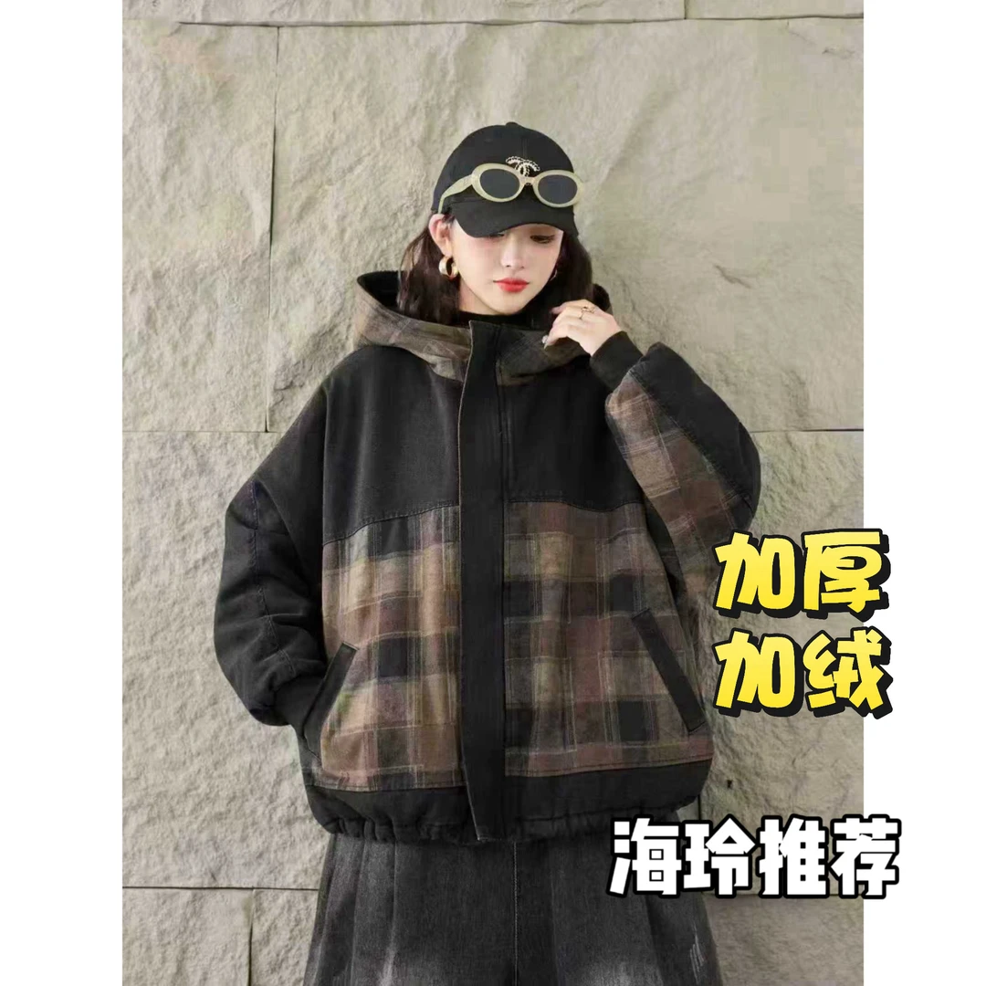 方格冬季新款加绒加厚连帽牛仔棉衣外套女复古宽松休闲保暖棉袄