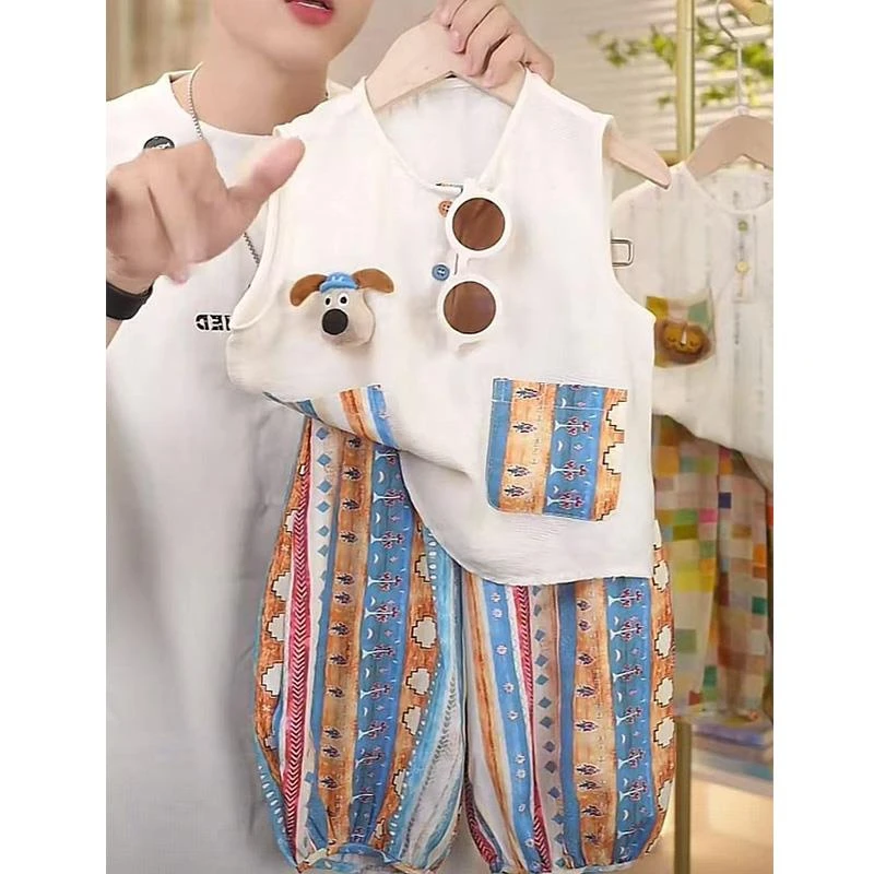 Kids儿童套装度假风2025新款夏季男宝宝小狗玩偶无袖上衣