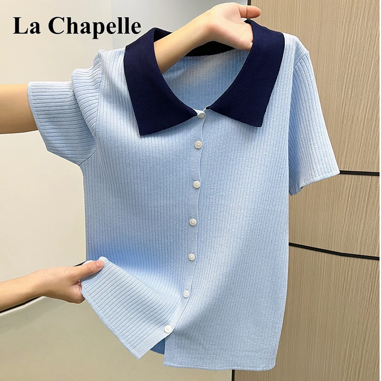 拉夏贝尔Polo领短袖针织衫上衣女2025秋新款韩版时尚百搭打底上衣