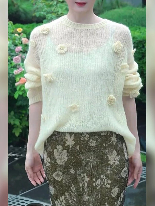 高级感小众花朵圆领浅黄色宽松长袖罩衫女夏季薄款微透针织衫