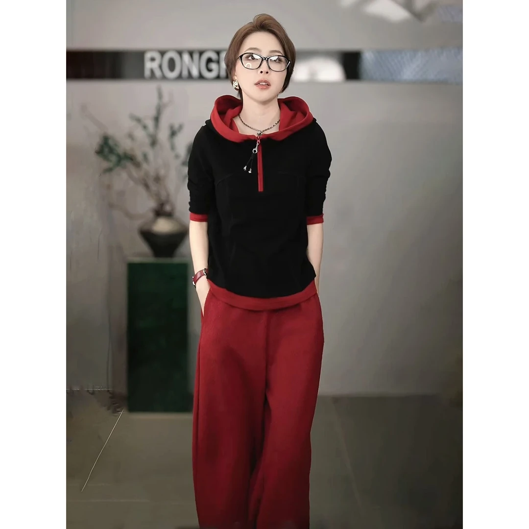 溶溶【暖柔格调】RONGRONG 莱赛尔混纺拼接撞色暖绒连帽T恤2502H812