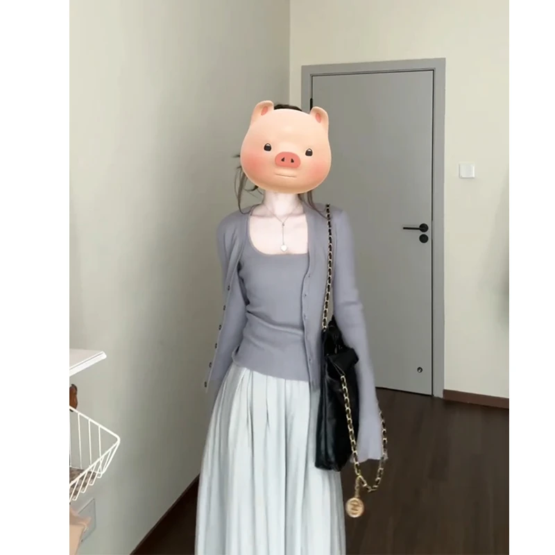 MARIE.COCO灰色吊带背心外穿针织衫上衣女秋季高腰垂感阔腿裤套装