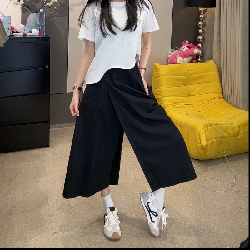 不规则开叉裙裤夏季薄款胖妹妹大码女装高腰显瘦直筒阔腿百搭八分