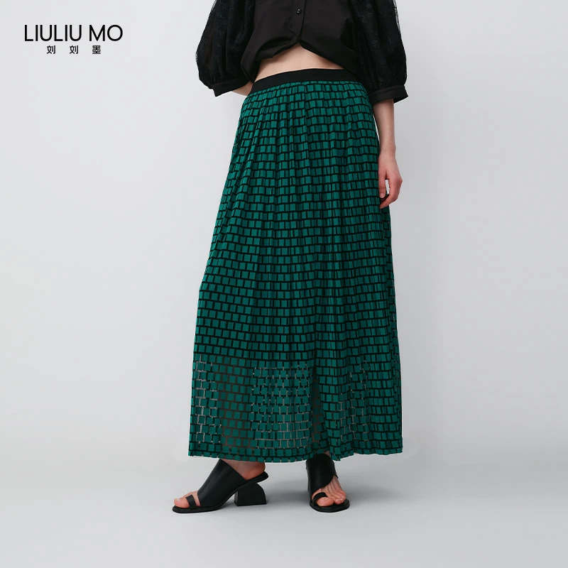 刘刘墨夏季设计小众显瘦时尚百搭松紧带格纹复古绿蕾丝压褶半身裙