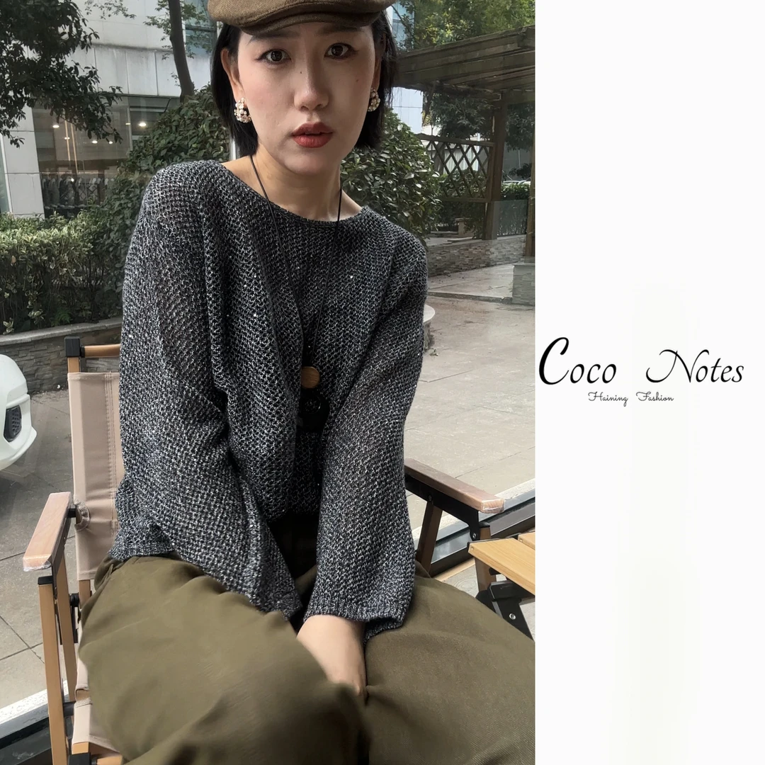 COCO NOTES HY513 新款韩版圆领镂空金丝线羊毛针织宽松女式上衣