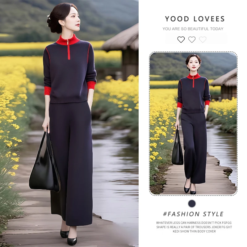 超火减龄2025年女春秋季时尚拼色立领针织衫+高腰松紧直筒裤套装