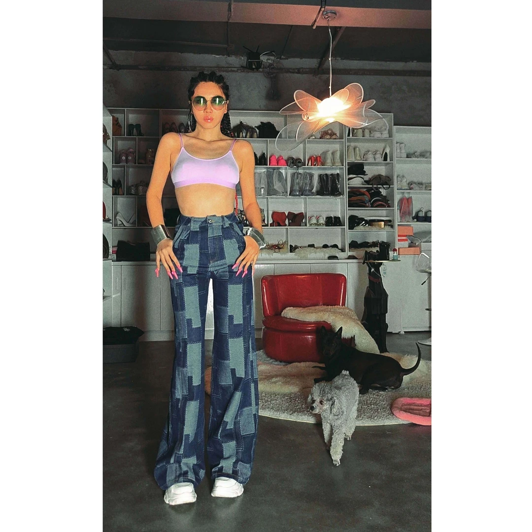 【蓝色拼接阔腿裤】AOAOMISSSHOP鳌鳌家新款高腰牛仔长裤A1002