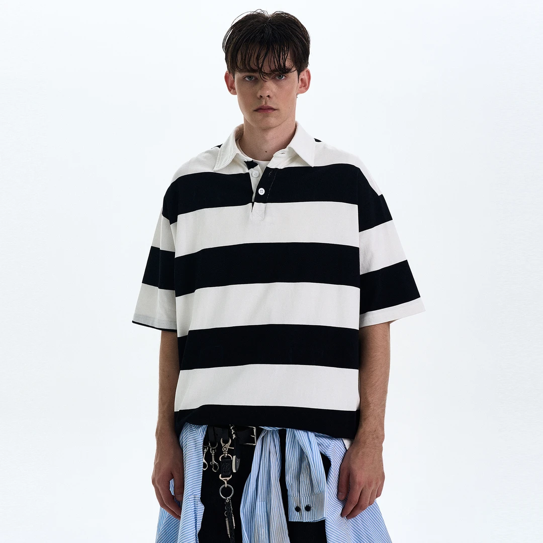 MADWITCH原创复古廓形衬衫领条纹短袖T恤男女宽松休闲情侣上衣ins