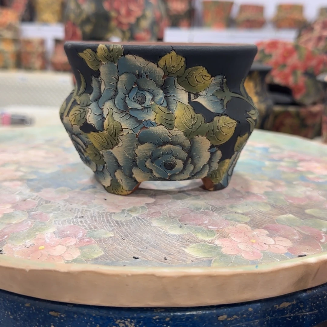 紫砂花盆精品多肉手绘花盆