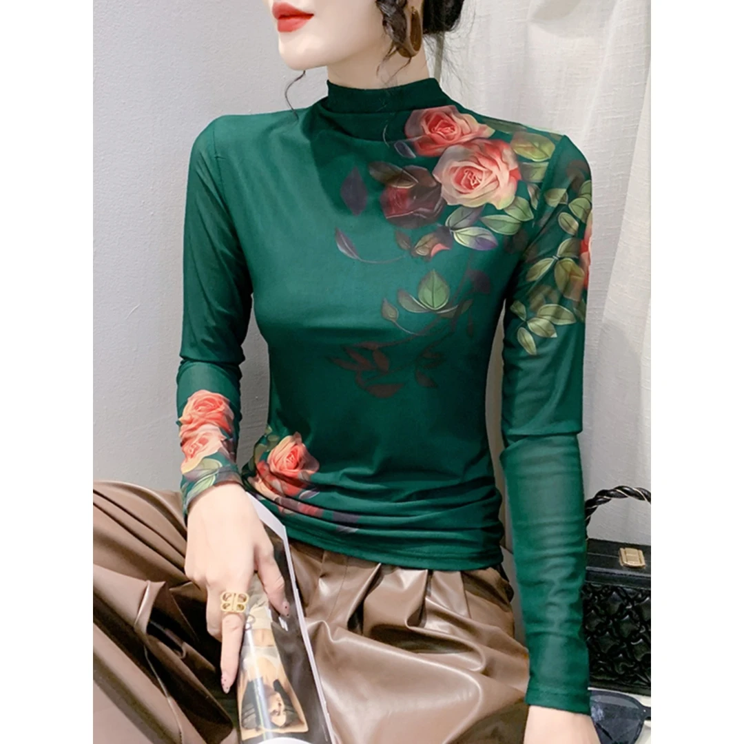 高领网纱印花打底衫女长袖t恤秋冬新款欧货洋气设计感时尚上衣潮