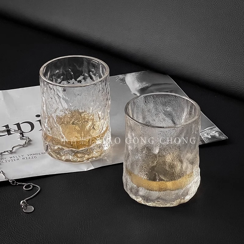 ins锤纹威士忌杯冰川纹雨雾杯果汁杯 咖啡冷饮杯家用玻璃水杯茶杯