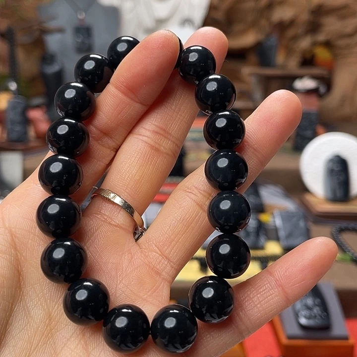 和田玉（墨玉）未镶嵌手串开门卡12圆珠