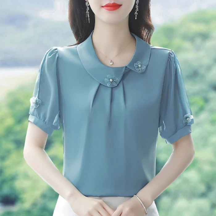 洋气减龄高端缎面雪纺短袖衬衫女夏装薄款显瘦宽松设计感上衣小衫