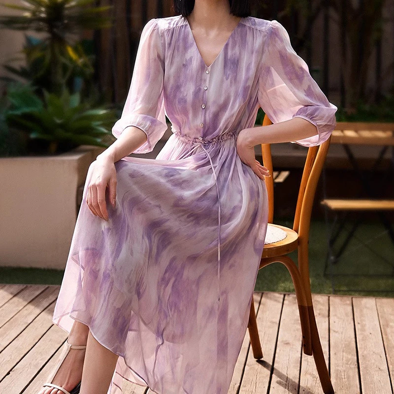 真丝里外100%桑蚕丝连衣裙高端仙女紫色裙子夏季新款女装长裙碎花