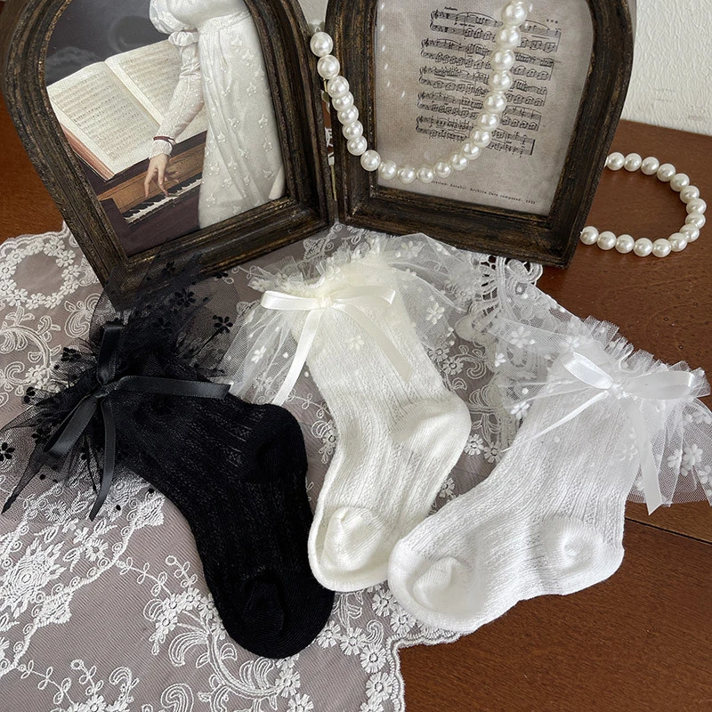 春夏新品樱花纱花边蝴蝶结薄款棉女儿童宝宝短袜堆堆袜