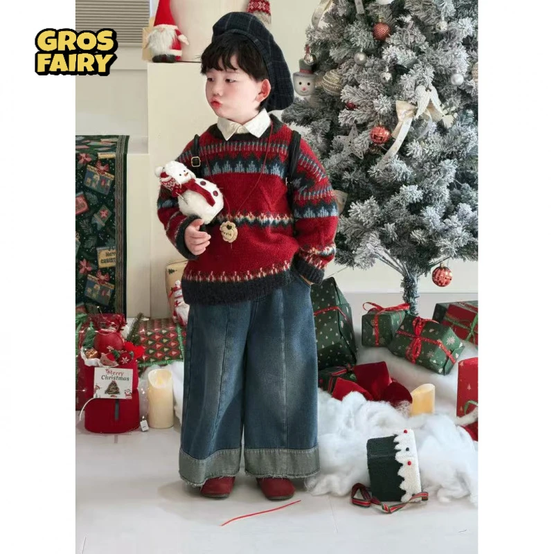 grosfairy儿童新款韩版冬季圣诞套装男童洋气新年红毛衣加绒牛仔