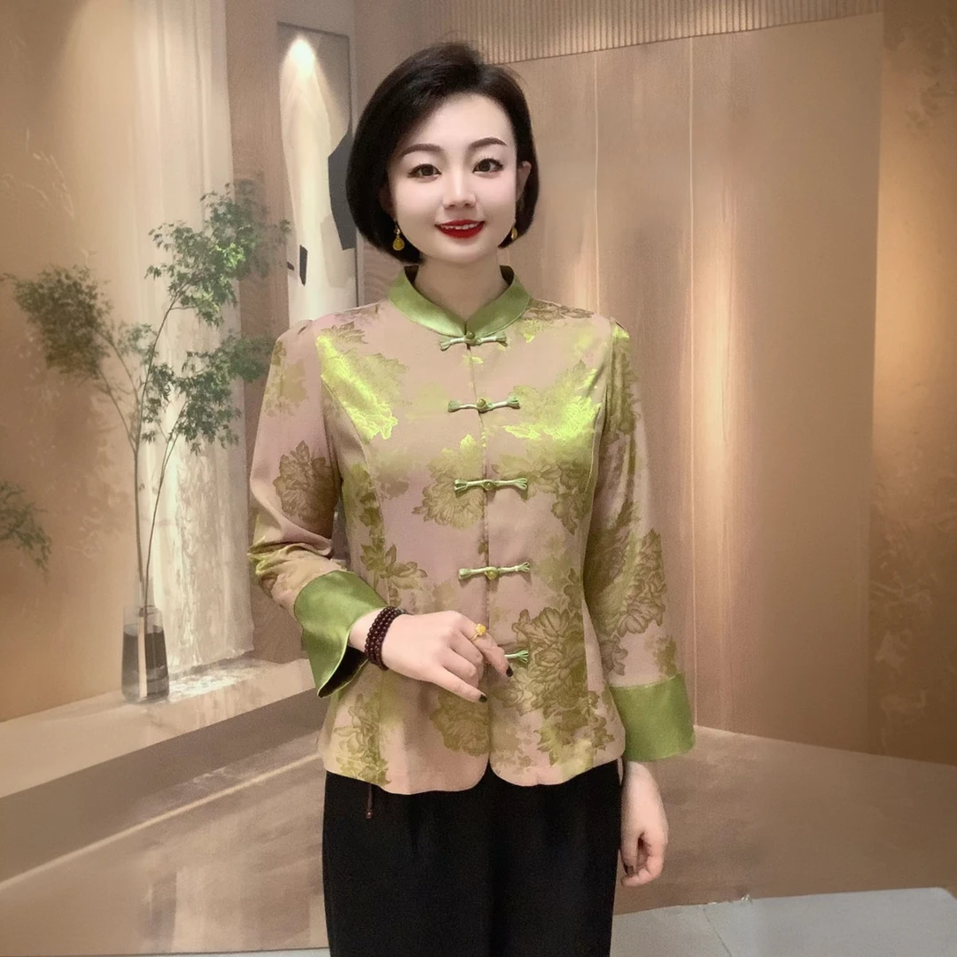 优雅气质短款上衣夏季新款复古盘扣中年妈妈装提花仿真丝缎开衫外
