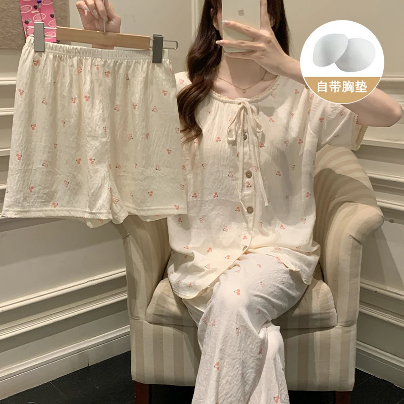 带胸垫夏季甜美樱桃短袖睡衣女三件套2025新款休闲开衫家居服套装