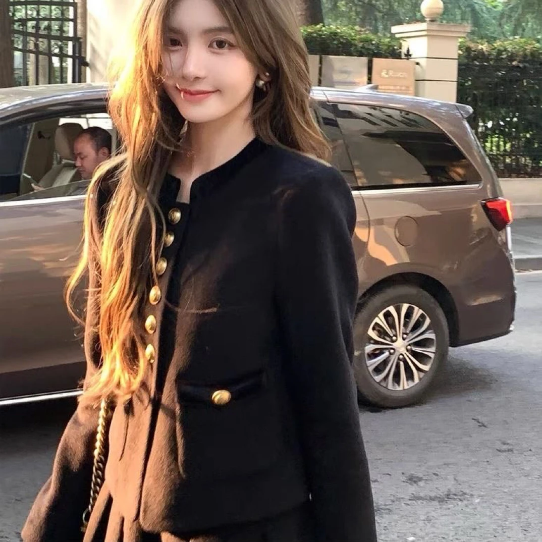 韩系名媛千金风立领排扣外套高腰百褶裙温柔风氛围感穿搭套装