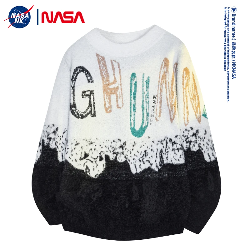 NASA联名字母渐变提花圆领毛衣男士针织衫秋冬季宽松撞色打底上衣