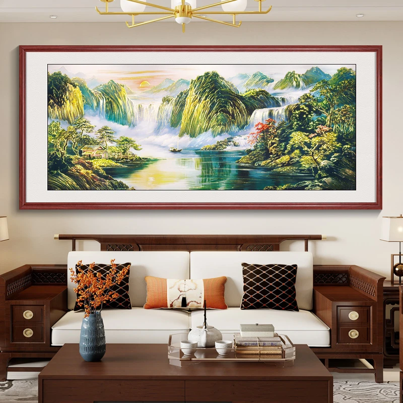 浮雕描金春山神韵山水画客厅装饰画沙发背景墙挂画新中式茶室壁画
