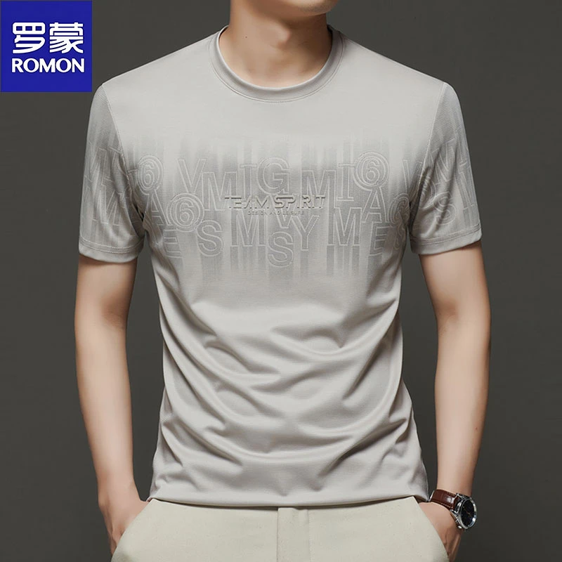 罗蒙男士夏季新款桑蚕丝凉感短袖t恤时尚潮流百搭轻奢痞帅男装潮