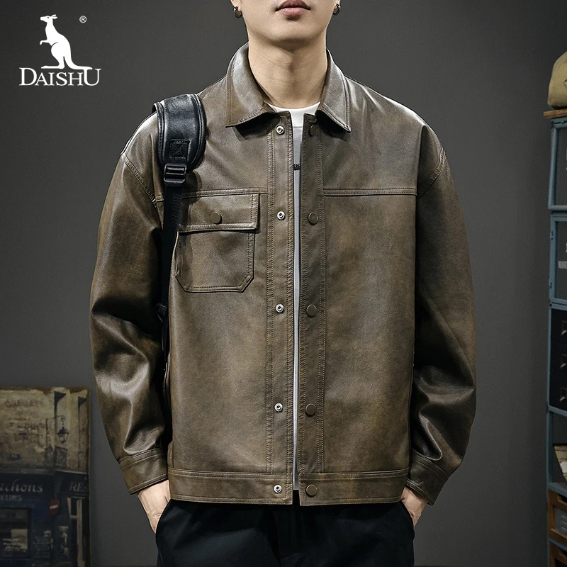 Dai Shu/袋鼠高端美式复古休闲皮夹克男秋季新款机车翻领宽松外套