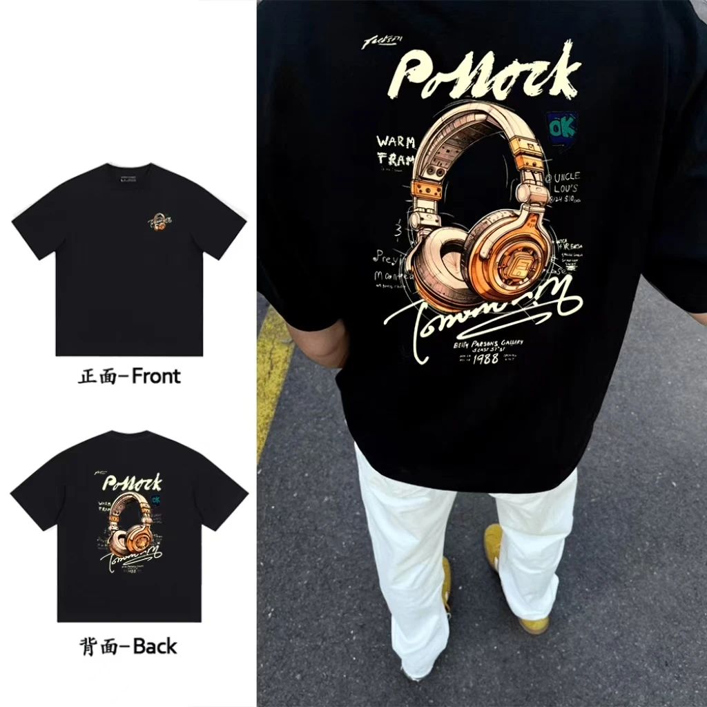 美式高街复古耳机印花潮流休闲半袖上衣重磅纯棉宽松百搭短袖T恤