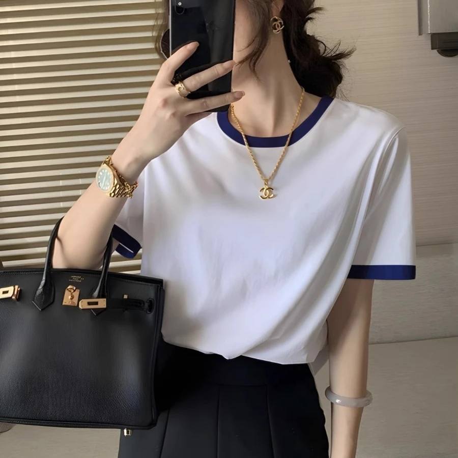 正肩纯棉拼接撞色边设计感短袖t恤女夏季2025春新款白色宽松上衣