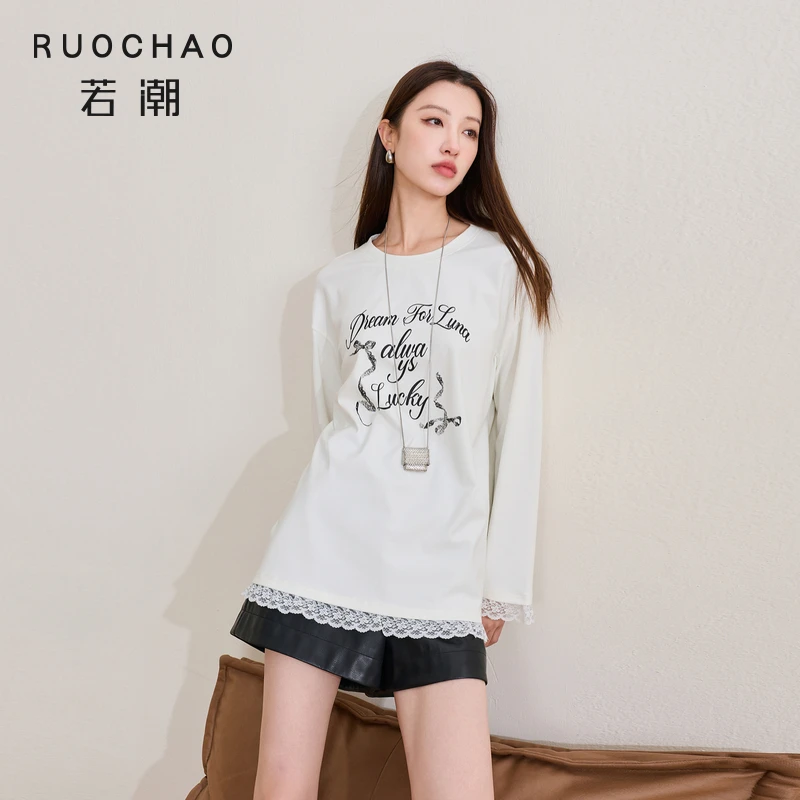 林一专属3465大码女装2025冬季新款印花磨毛T恤花边落肩袖中dbx