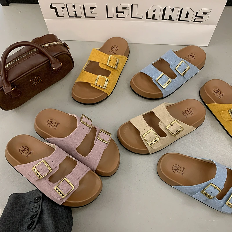 沙滩勃肯半拖鞋女2025年夏季新款软底一字拖方扣厚底外穿懒人凉鞋