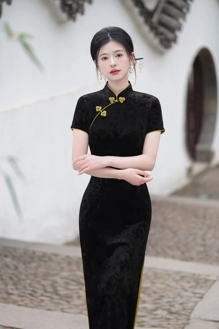 【上海太太】韩国绒高端时尚旗袍显瘦网红春夏中式气质修身日常A3