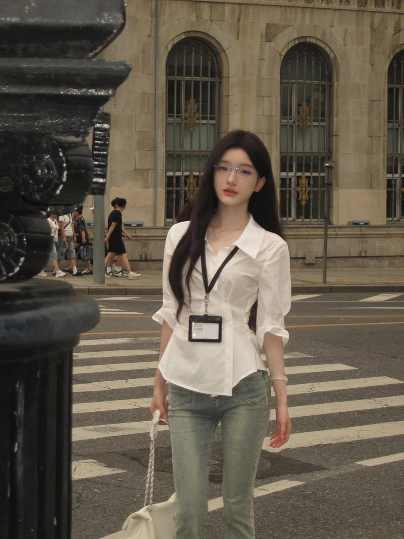 【高智学姐】收腰白衬衫女夏设计感小众白色衬衣polo领修身短袖衬衣