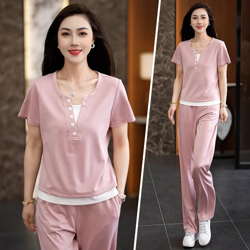 休闲运动套装女夏季新款百搭时尚假两件短袖长裤洋气宽松两件套