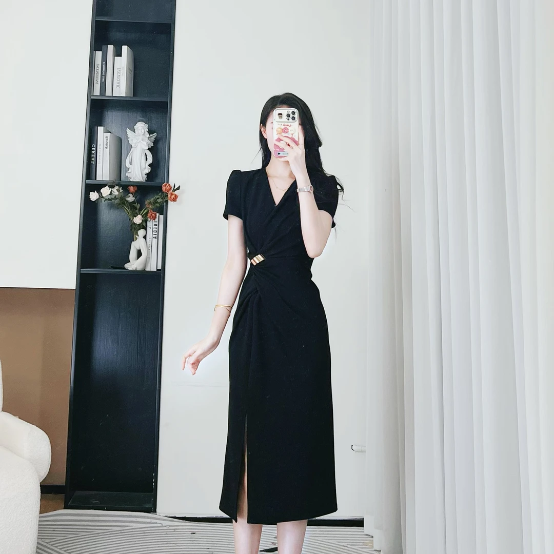 拉夏贝尔25夏轻职风禅意气质款女装高腰显瘦短袖连衣裙 10436 LSC