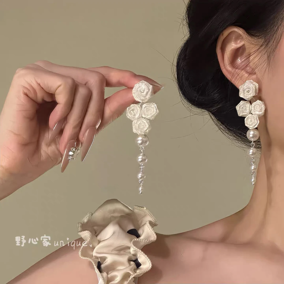 非金属仿珍珠耳饰 【香氛美人】优雅气质玫瑰花流苏耳钉百搭耳环女