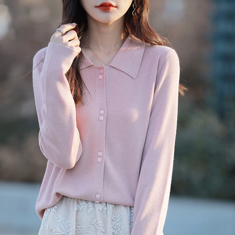 女纯色POLO领毛针织衫长袖春秋精纺翻领打底衫上衣宽松衬衫