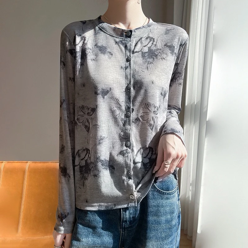 圆领针织薄开衫打底针织衫女春夏外搭印花长袖毛衣上衣rw- M14