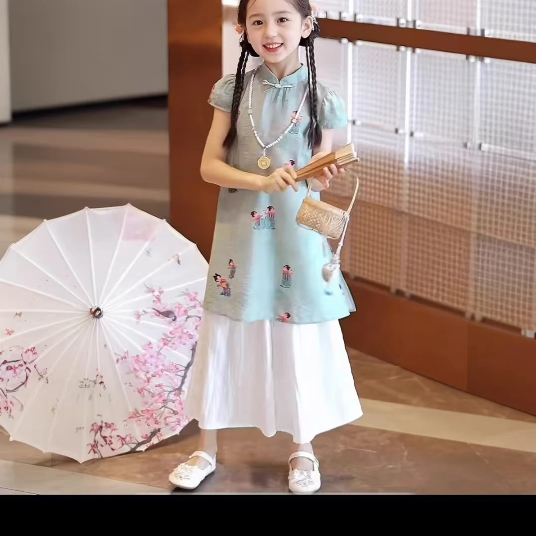 女童套装夏2025新款儿童夏季新中式国风唐装女孩夏装两件套汉服潮