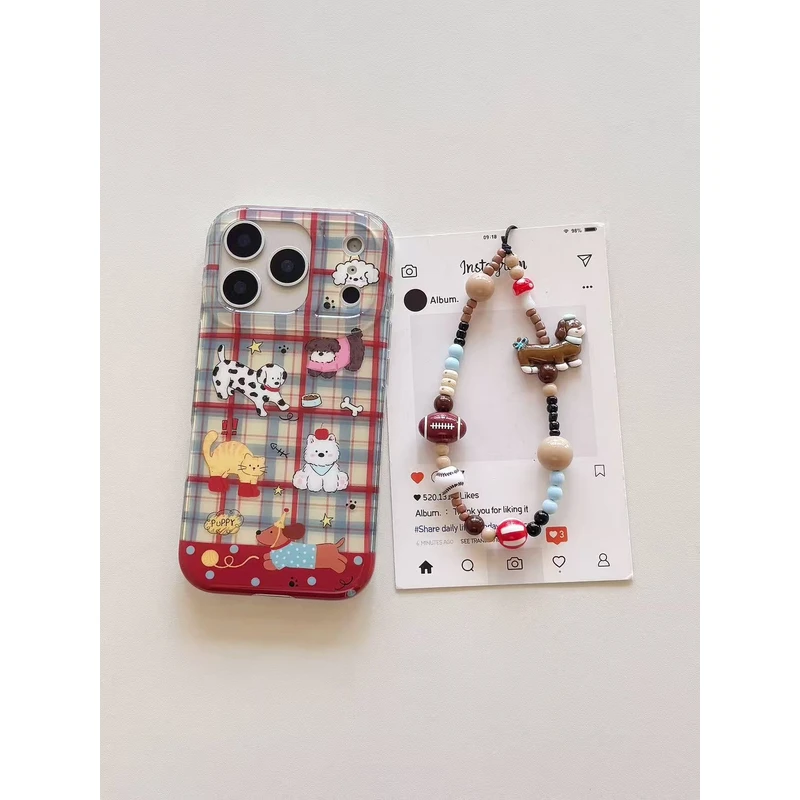 红蓝撞色格纹小狗猫咪带手链适用iphone17promax苹果手机壳保护套
