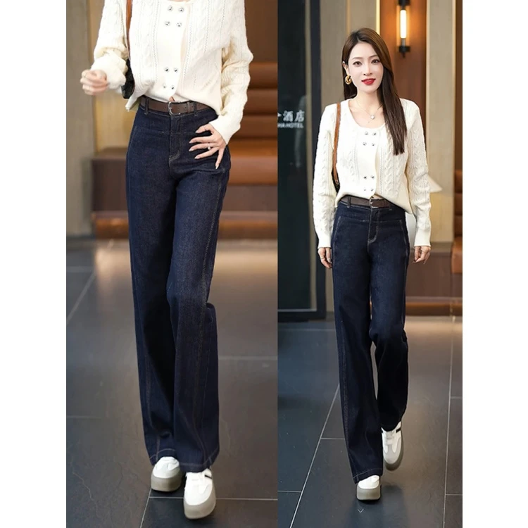 拉夏贝尔窄版加绒牛仔裤女2025秋冬新款高腰垂感女裤阔腿直筒裤子