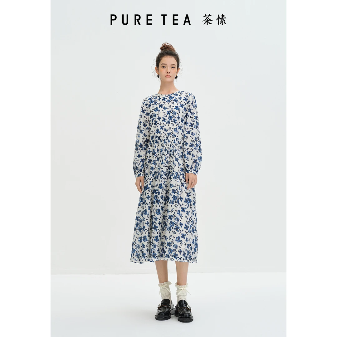 PURE TEA/茶·愫【瓷韵青花】丝棉圆领碎花连衣裙女KD0203D11