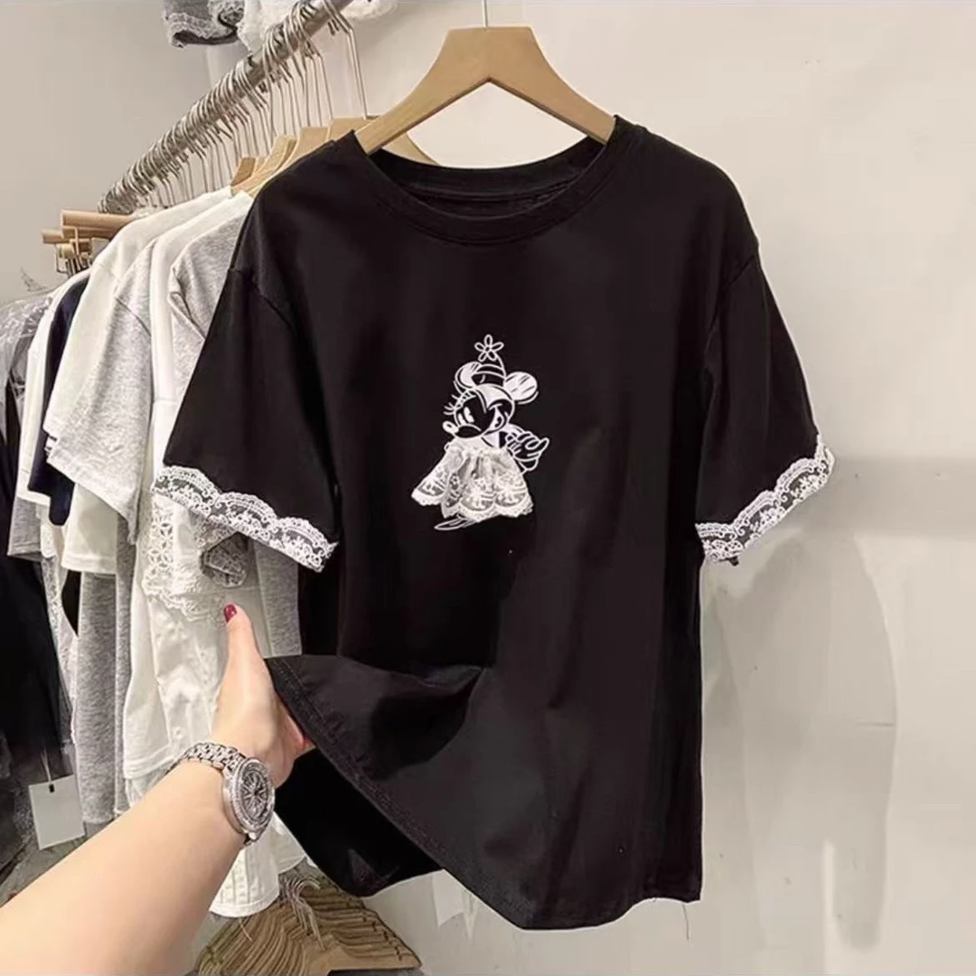 高级感欧货卡通印花蕾丝花边拼接短袖T恤女2025春夏新款显瘦打底