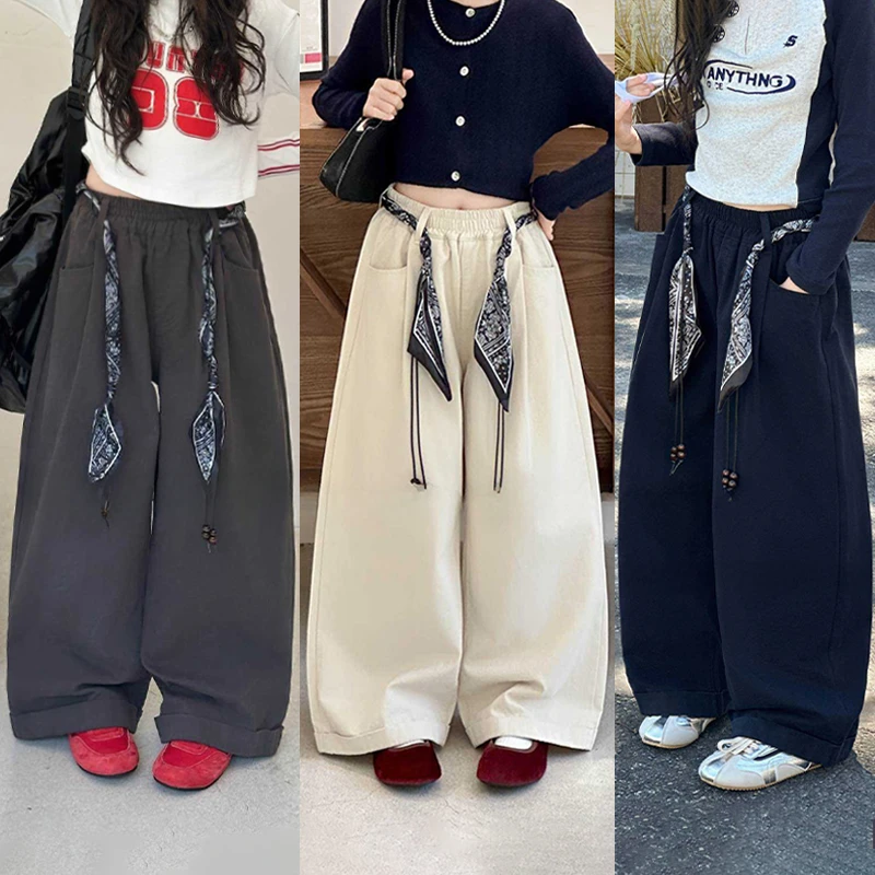 【100棉】女童休闲裤2025秋款中大童洋气工装裤时髦百搭宽松阔腿裤