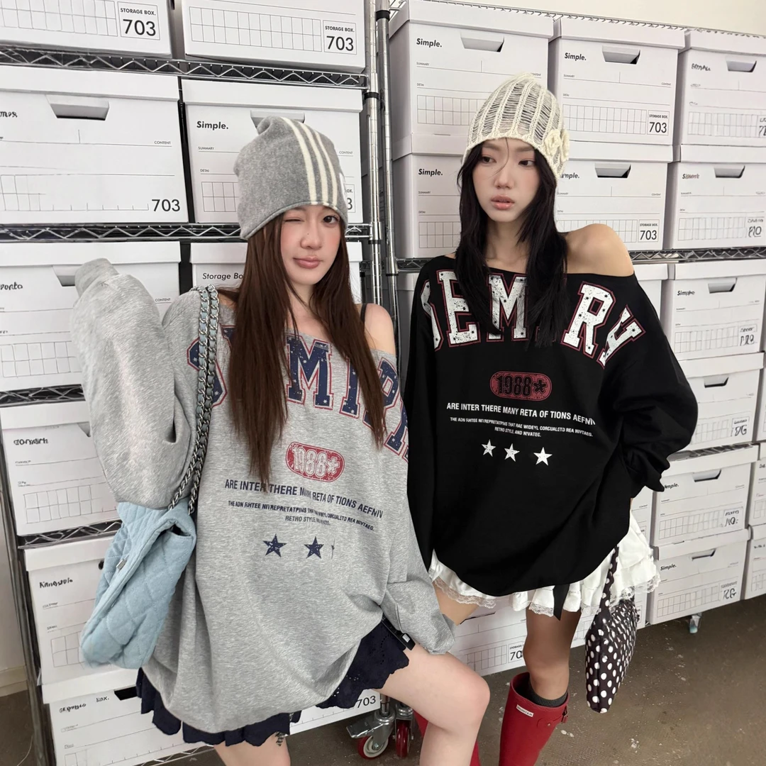大码美式复古字母斜肩卫衣女2025新款秋季大版宽松显瘦长袖上衣