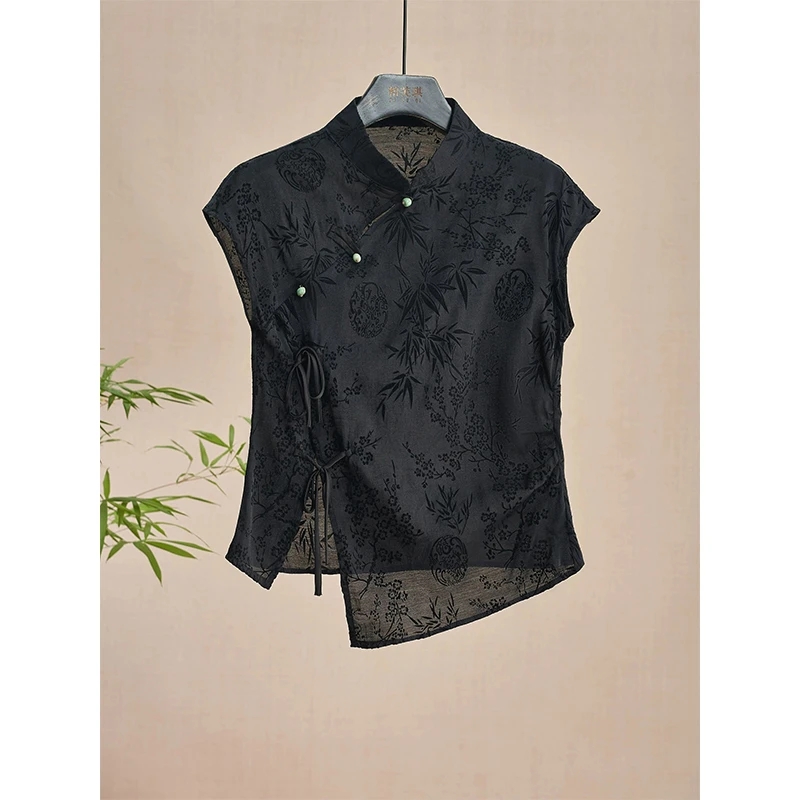 新中式国风旗袍上衣黑色提花正肩短袖衬衫女2025新款夏季复古小衫