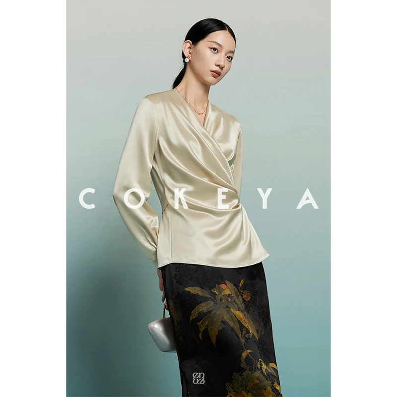 COKEYA/解构美学~日本琎口三醋酸双面缎围绑带V领设计感长袖衬衫